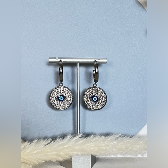 Elegant Evil Eye Pendant Hoops - Protection Evil Eye Zircon Hoop Earrings - Picture 6 of 9